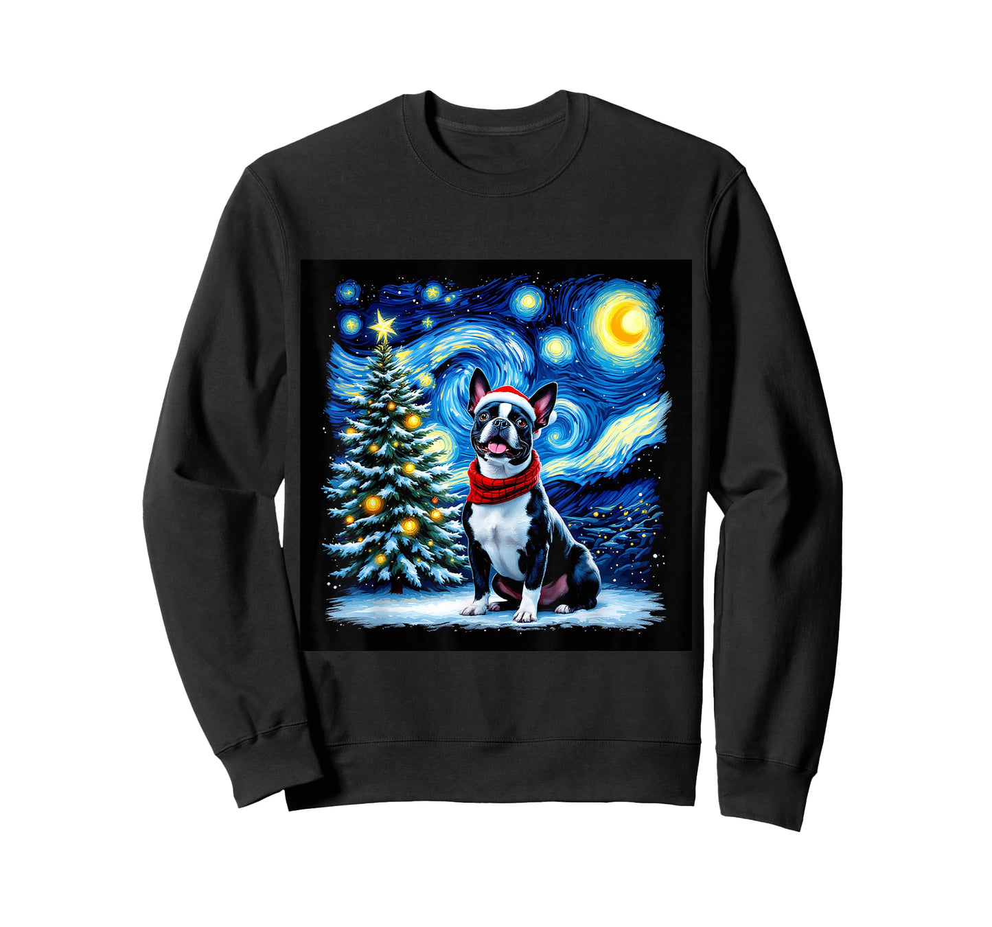 Boston Terrier Starry Night Christmas Van Gogh Dog Santa Hat T-Shirt