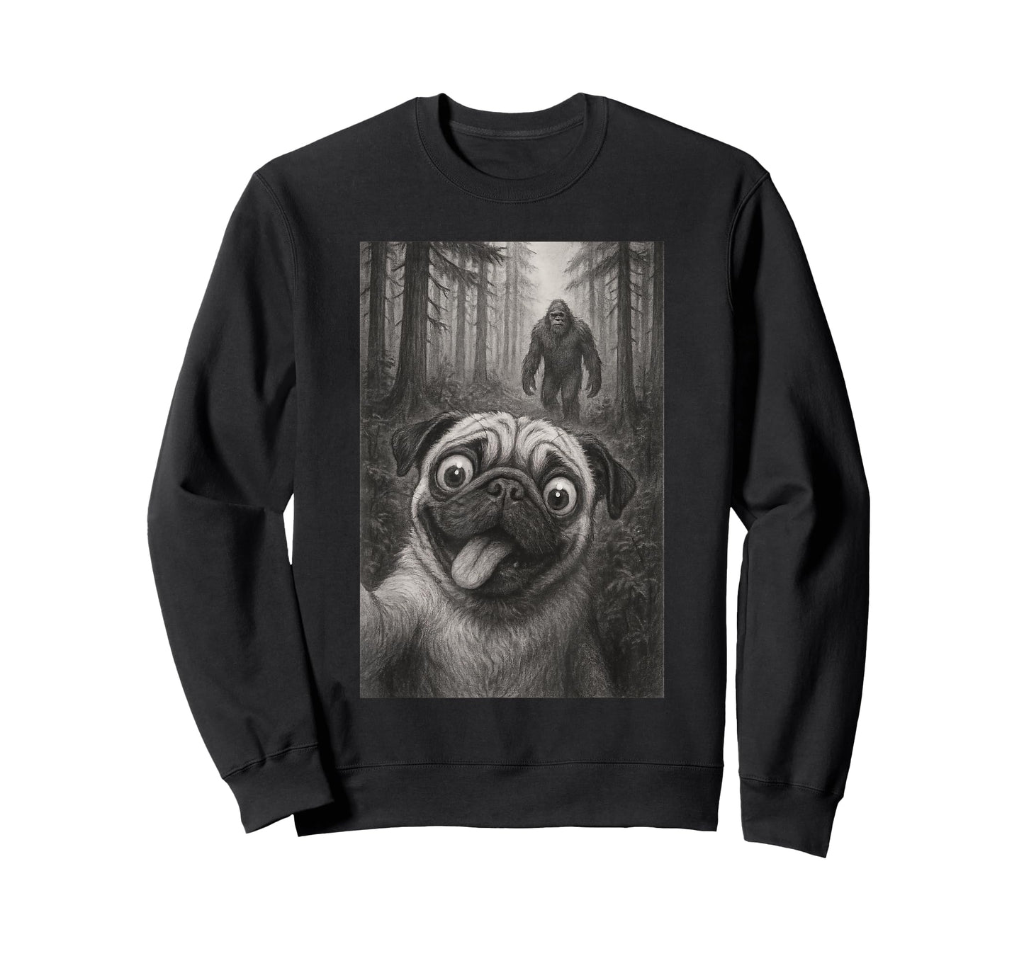 Dog Pug Selfie With Bigfoot Sasquatch Funny T-Shirt