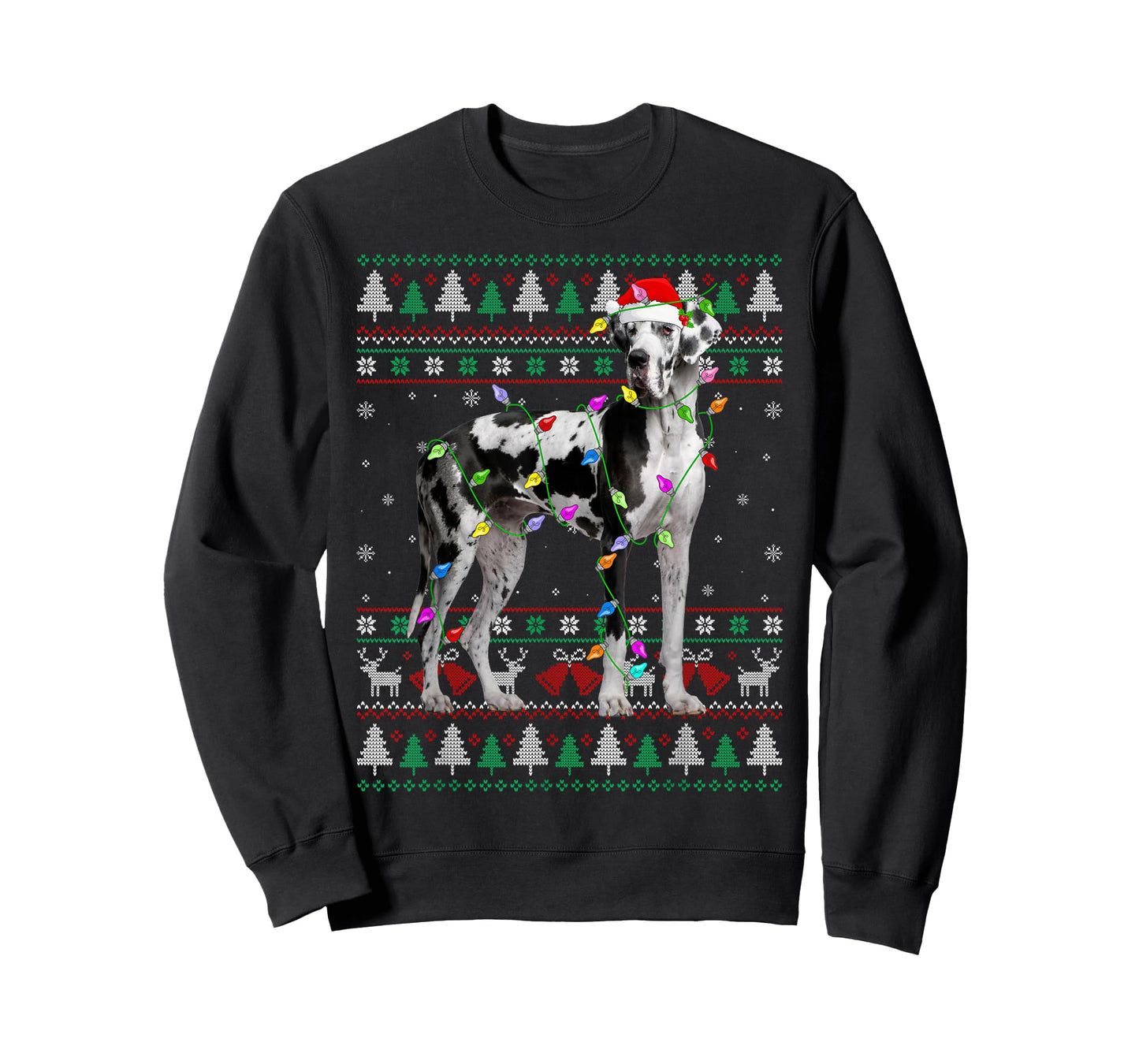 Great Dane Harlequin Dog Christmas Ugly Sweater Lights Xmas T-Shirt