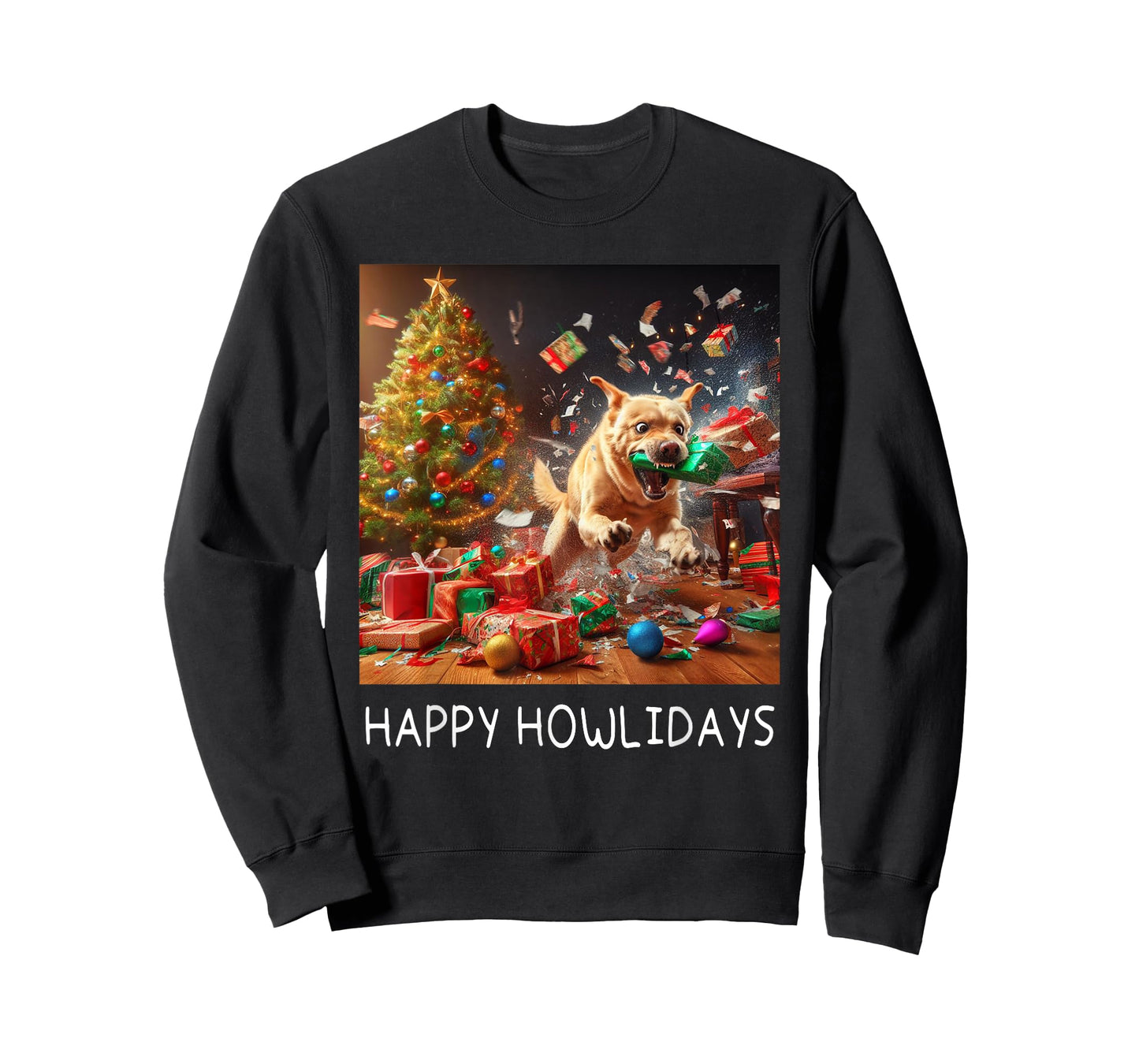 Funny Crazy Chaotic Dog Under The Tree Cute Happy Howlidays T-Shirt