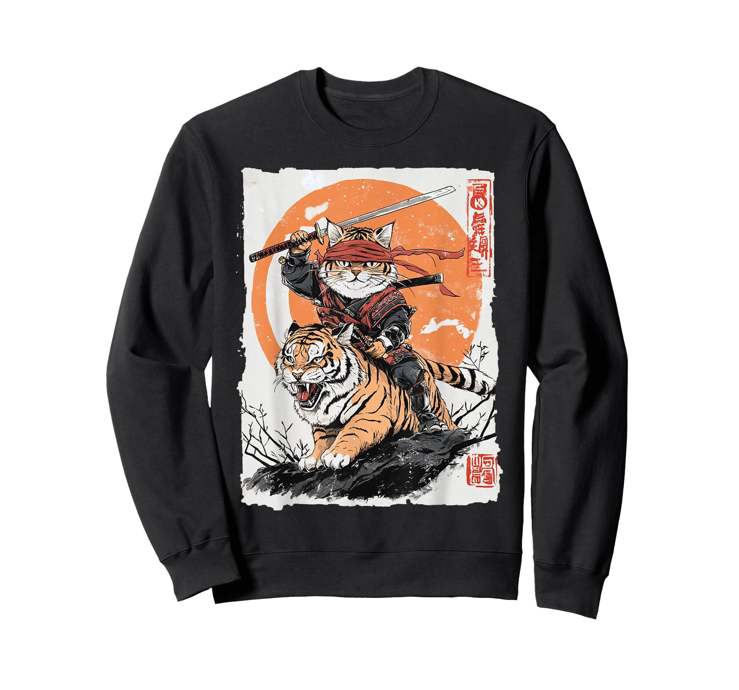 Ninja Cat Riding Tiger - Japanese Samurai Art Vintage Style T-Shirt for Men Women Kids