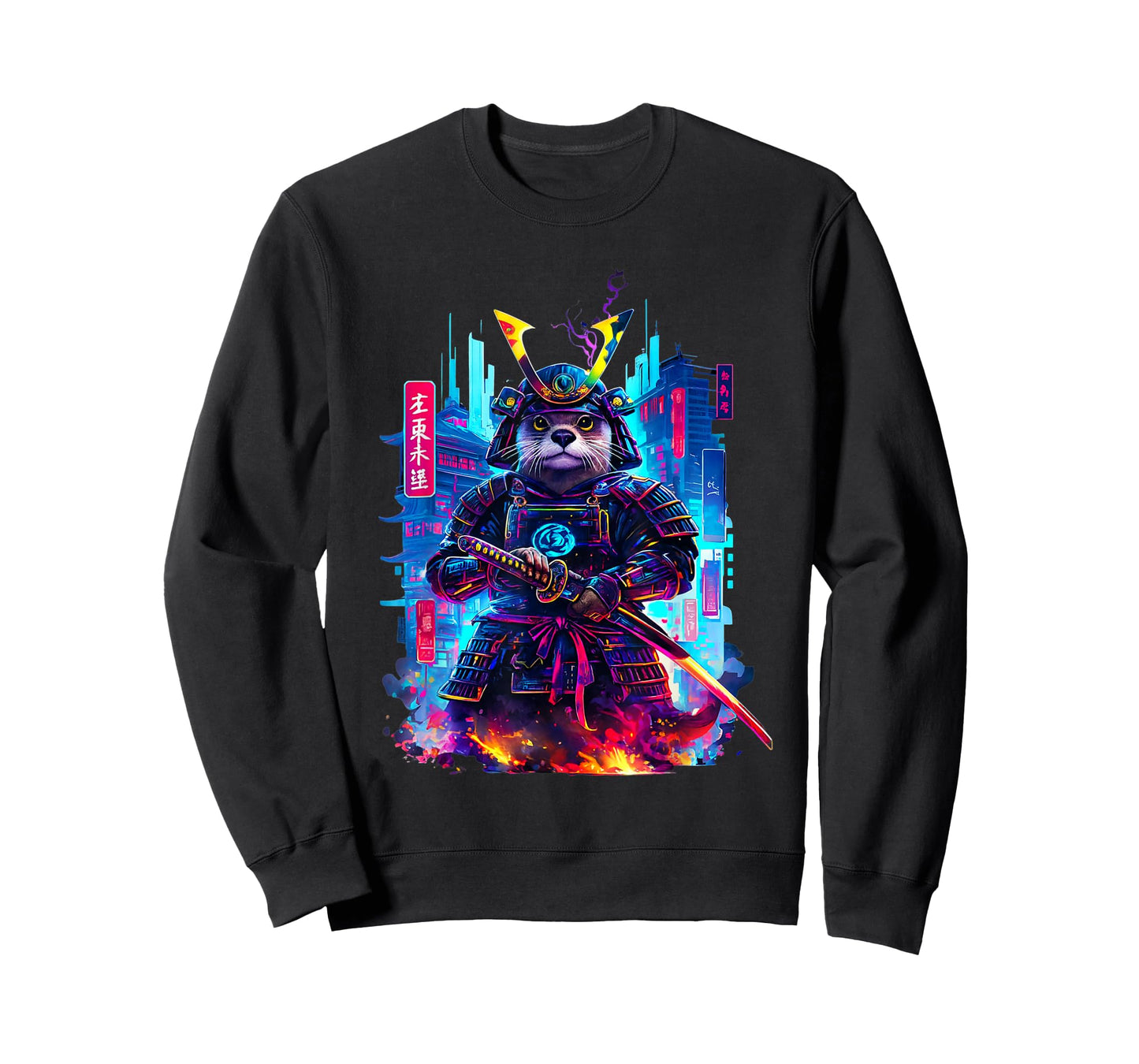 Otter Katana Cyberpunk Neon Samurai Japanese Art T-Shirt