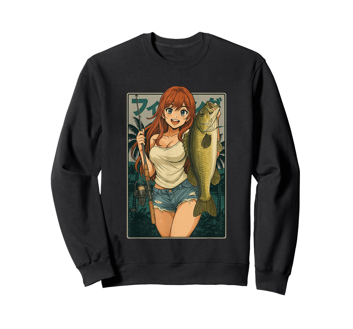 Kawaii Anime Girl japanese Fisherman Girl Fishing Bass T-Shirt