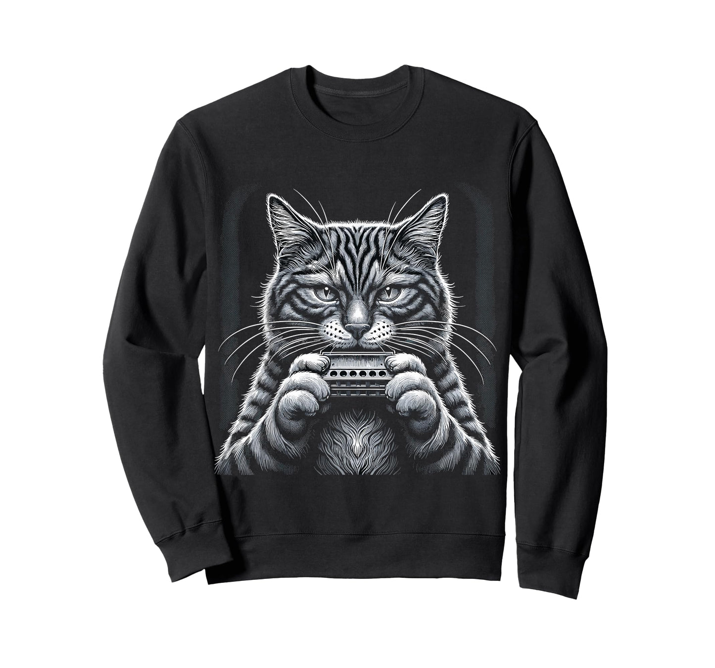 Cat Music Harmonica Player Country Folk Blues Whiskers Tabby T-Shirt