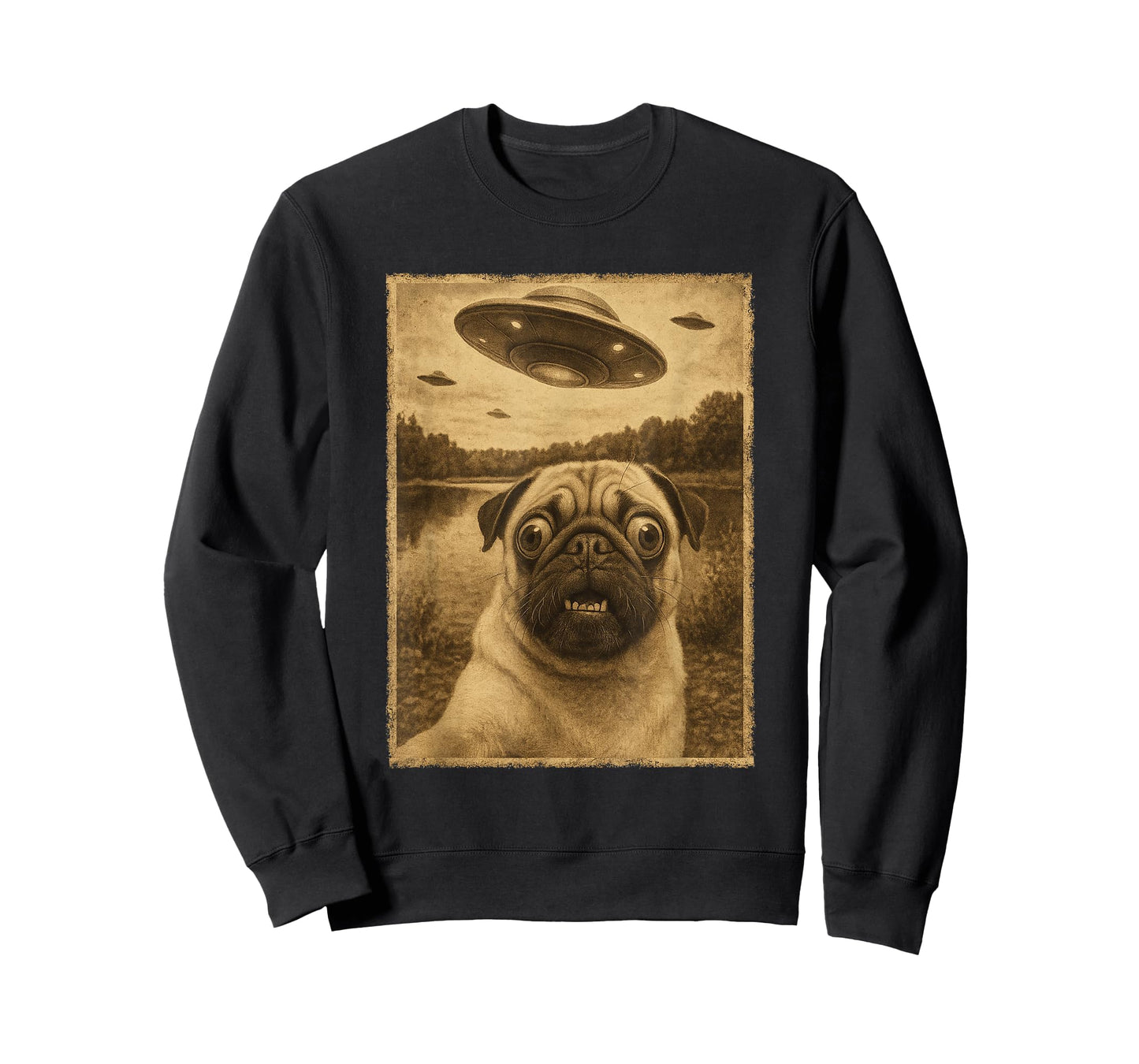 Vintage Pug UFO Encounters - Funny UFO and Pug Selfie T-Shirt