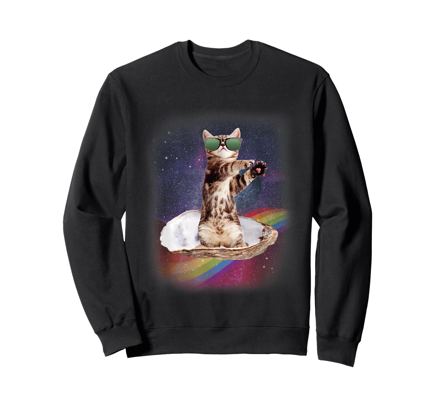 Space Cat Surfing An Oyster On A Rainbow Oyster T-Shirt