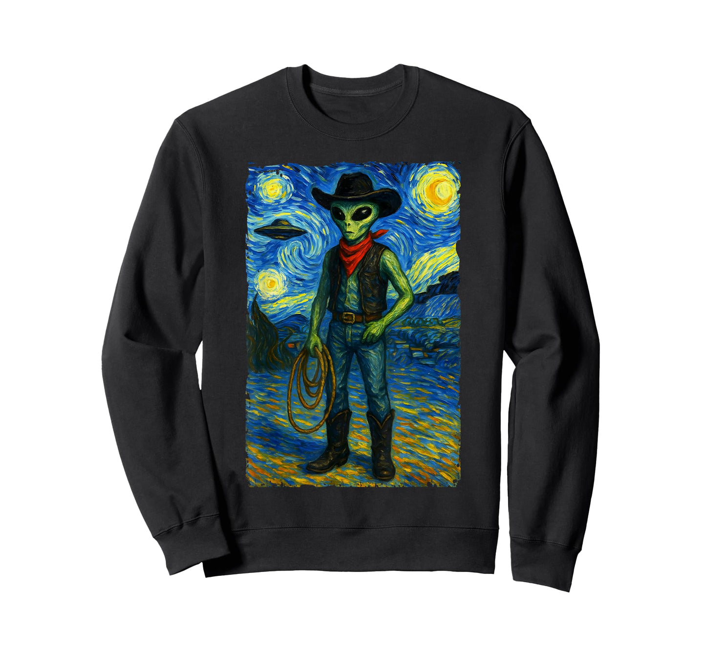 Vintage Starry Night Western Alien Cowboy Van Gogh Graphic T-Shirt