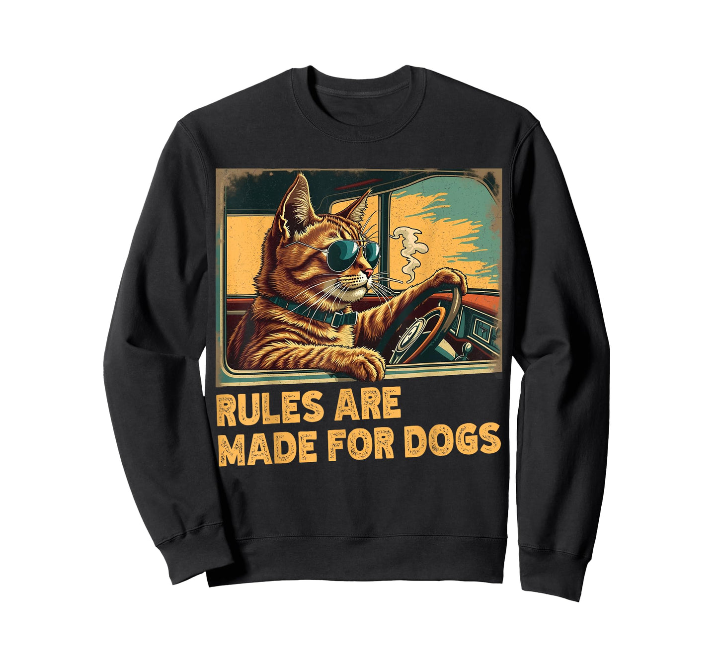 Sarcastic Cat Driving a Car Rules Are Made For Dogs Funny T-Shirt