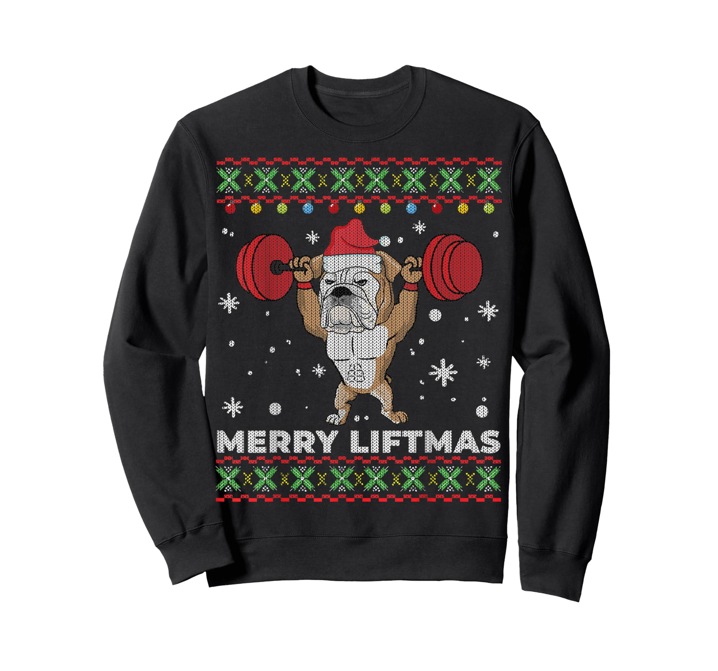 Merry Liftmas Weightlifting and English Bulldog Ugly Sweater T-Shirt