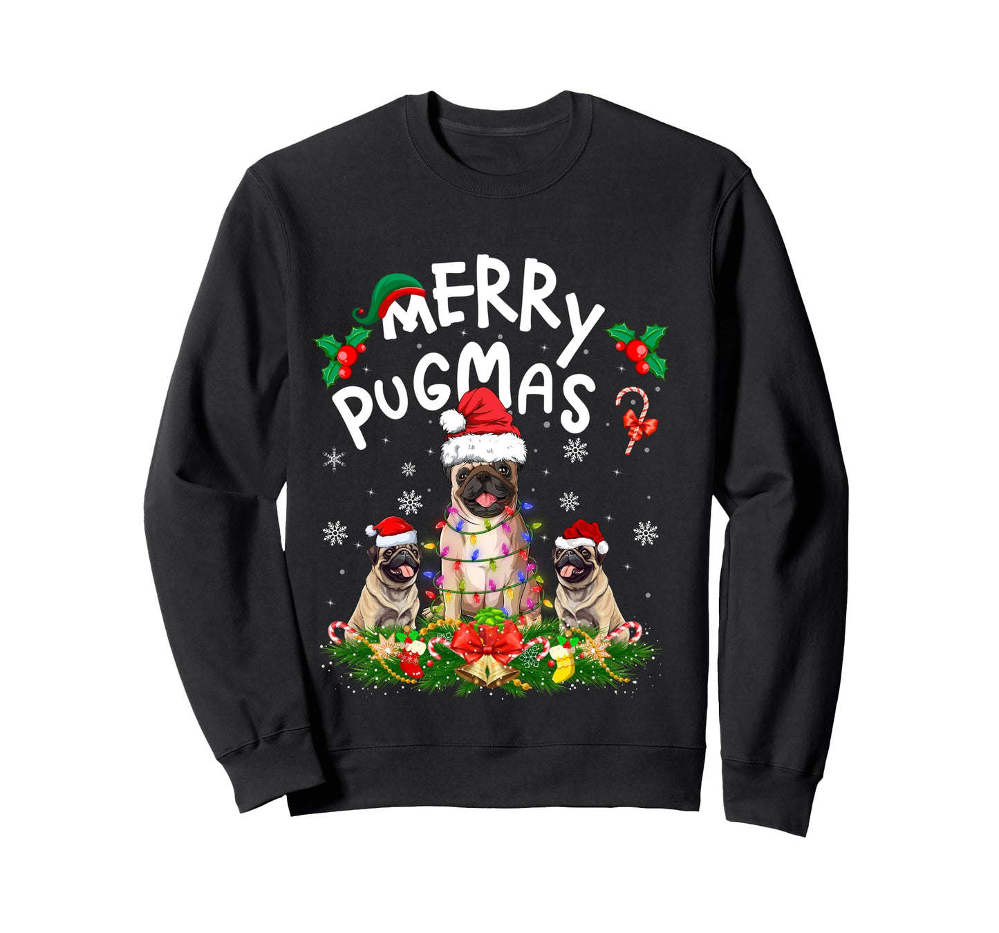 Merry Pugmas Xmas Lighting Santa Pug Dog Christmas Long Sleeve T-Shirt