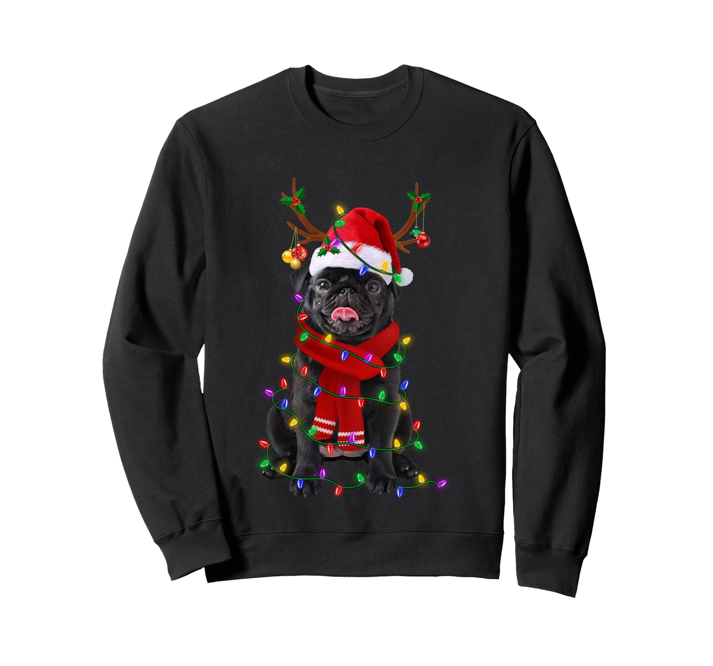 Black Pug Dog Tree Christmas Lights Xmas Pajama Long Sleeve T-Shirt