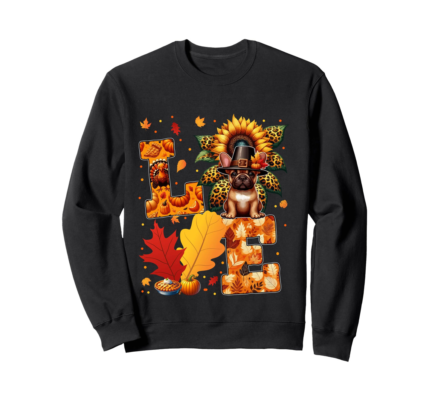 LOVE Thanksgiving French Bulldog Costume Fall Leaves Long Sleeve T-Shirt