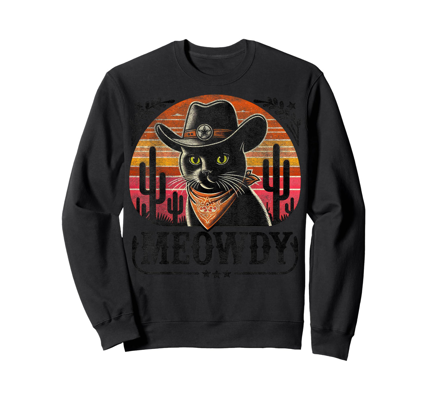 Meowdy Black Cat Retro Sunset – Howdy Funny Country Western T-Shirt