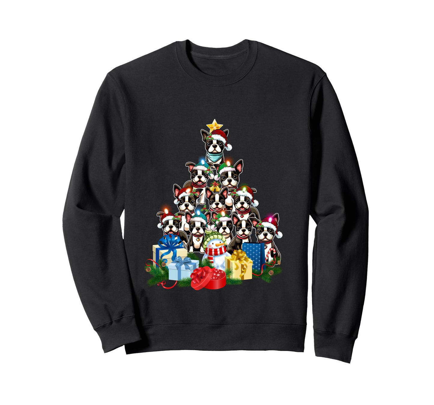 Funny Boston Terrier Christmas Tree Lights Puppy Dog Lover Long Sleeve T-Shirt