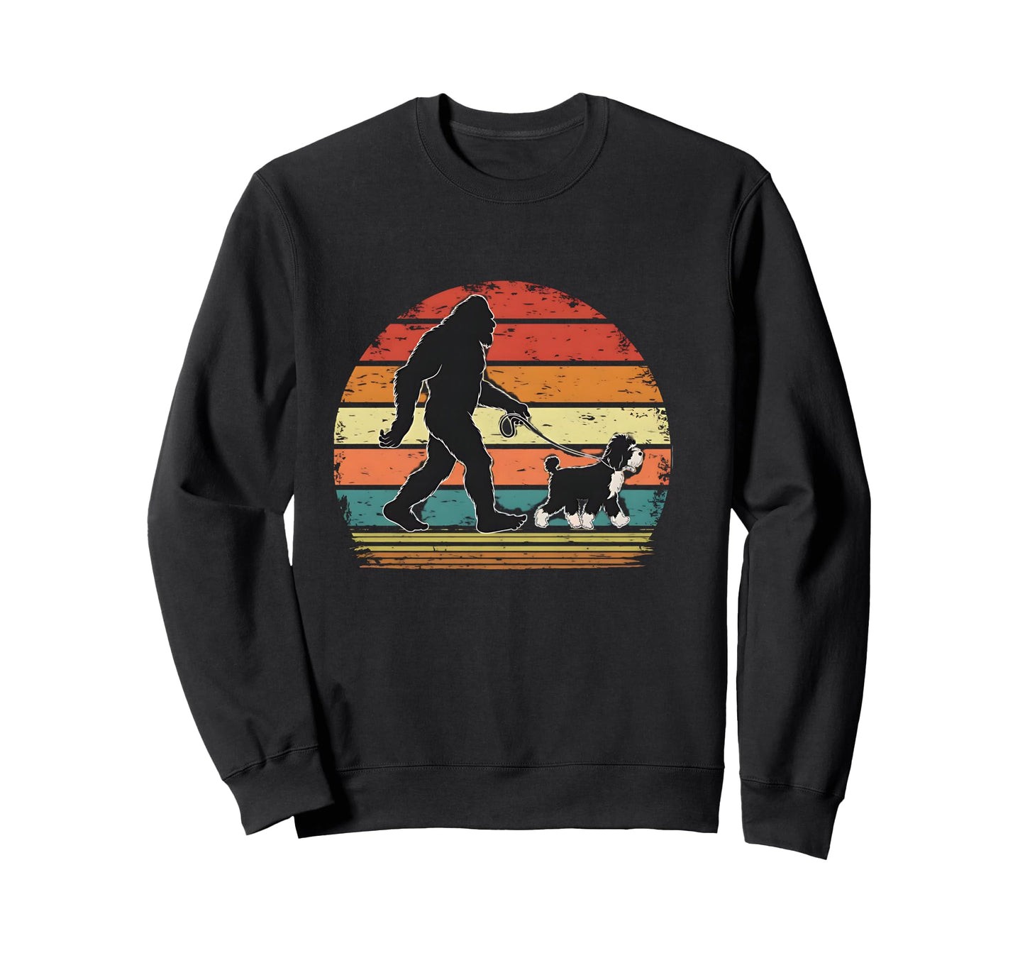 Bigfoot Walking a Dog Funny Bernedoodle Dog Dad Long Sleeve T-Shirt