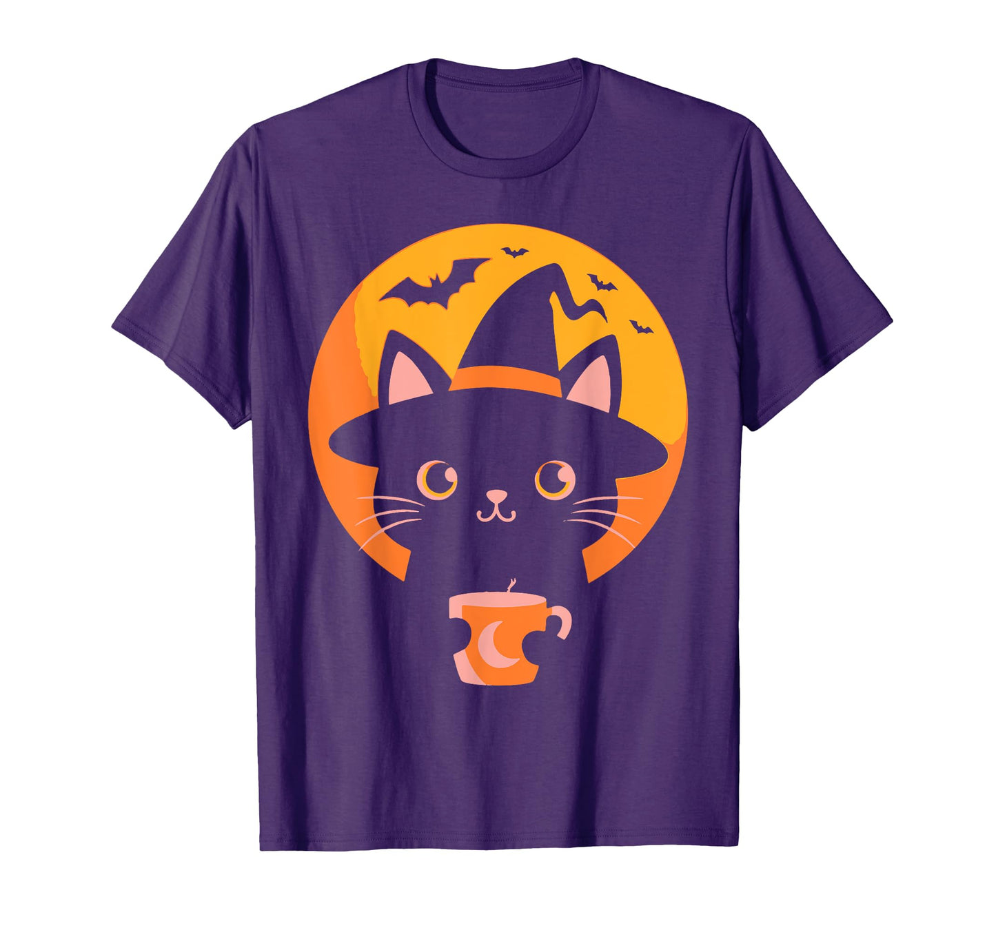 Witch Cat with Halloween Coffee Mug and Flying Bats T-Shirt