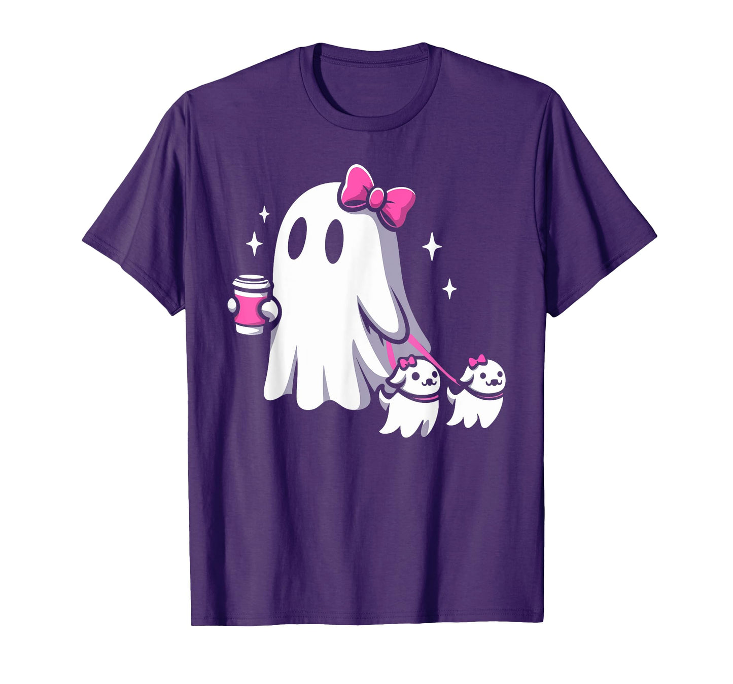 Halloween Cute Ghost Walking Dog Spooky Pink Coquette Ghost Men Women Girls Kids T-Shirt