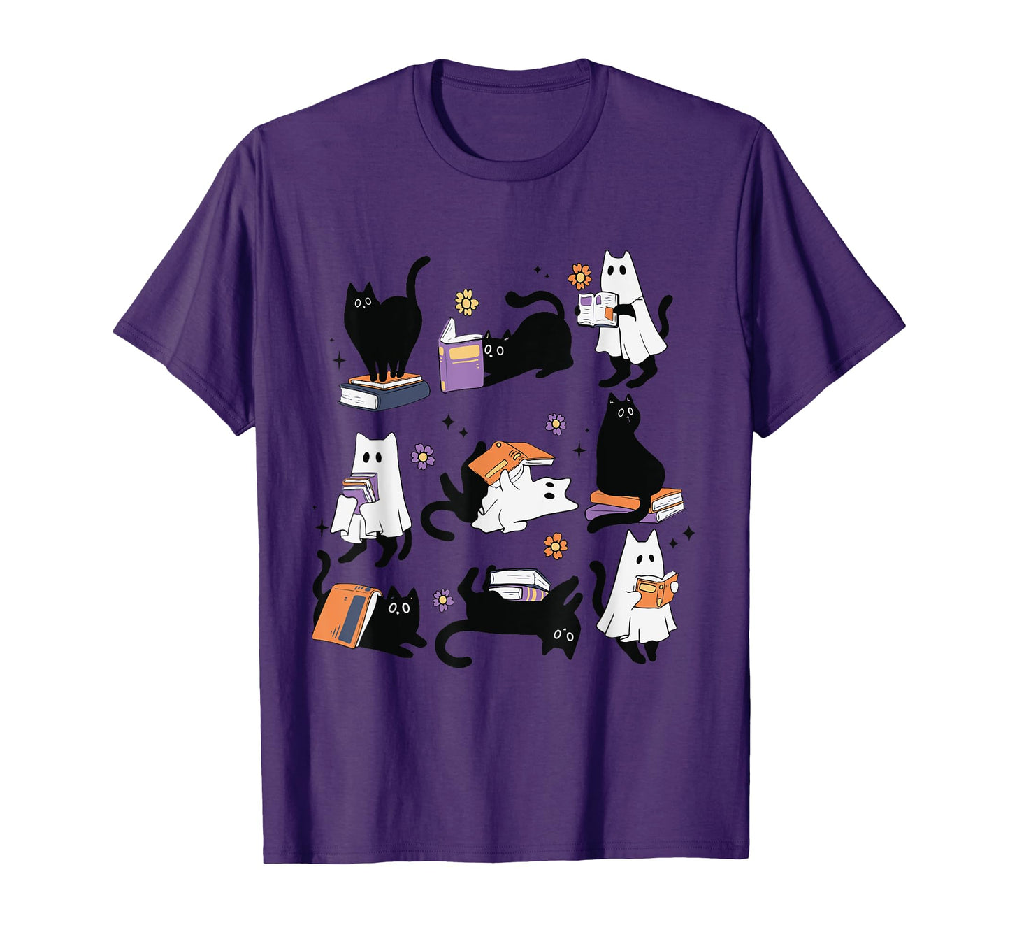 Halloween Ghost Black Cat Reading Book Costume T-Shirt for Men Women Kids