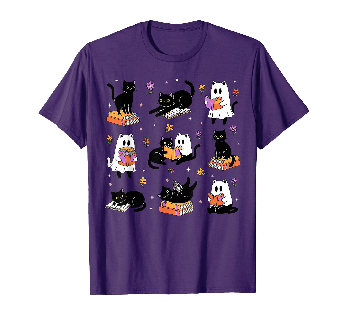 Books Lover Bookish Cute Ghost Cat Reading Halloween Spooky Men Women Kids T-Shirt