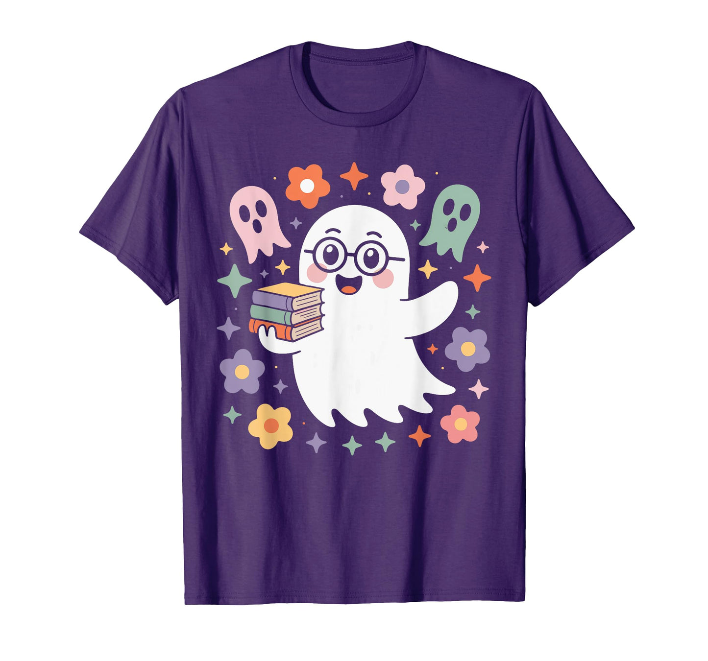Cute Ghost with Books and Floating Halloween Spirits Art T-Shirt