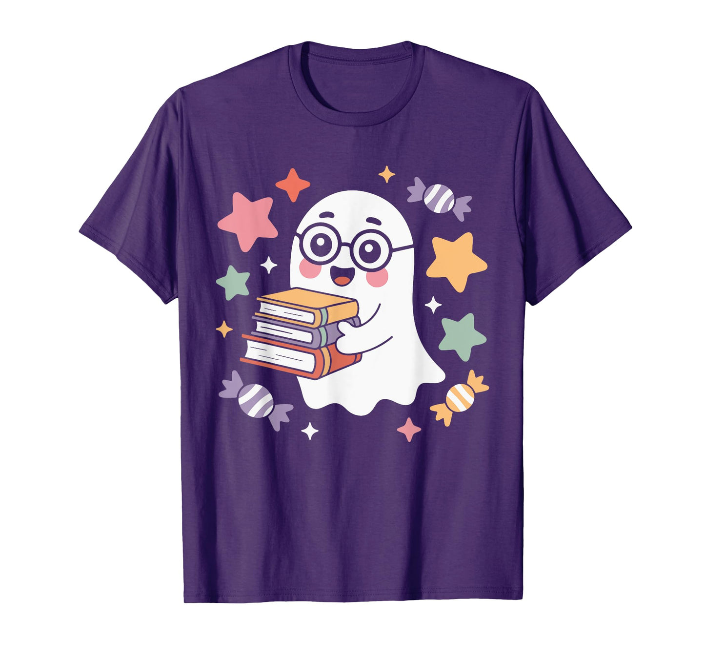 Happy Ghost Holding Book Stack with Halloween Candy Fun T-Shirt