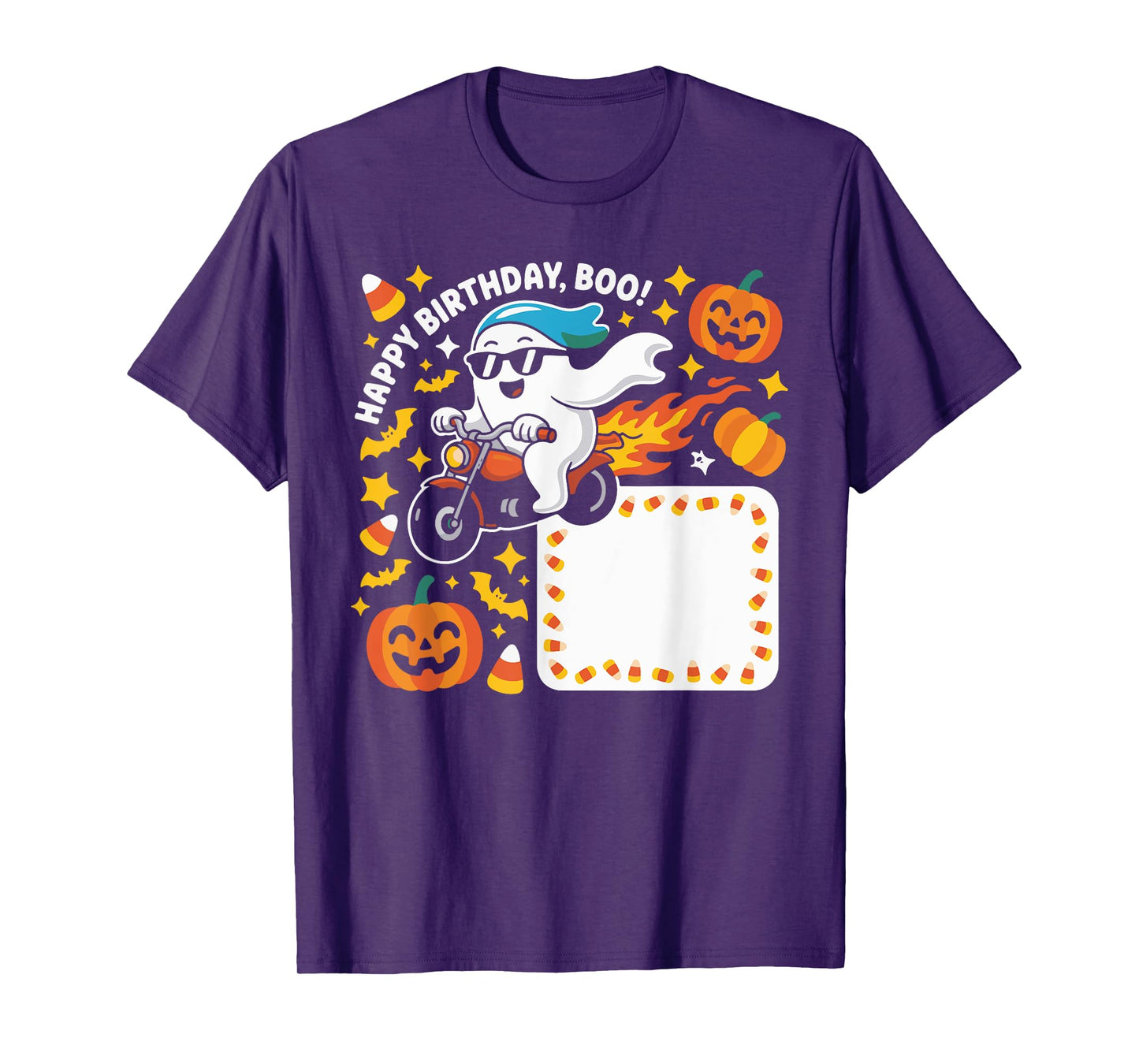 Funny Ghost Biker Halloween Design With Flames And Pumpkins T-Shirt