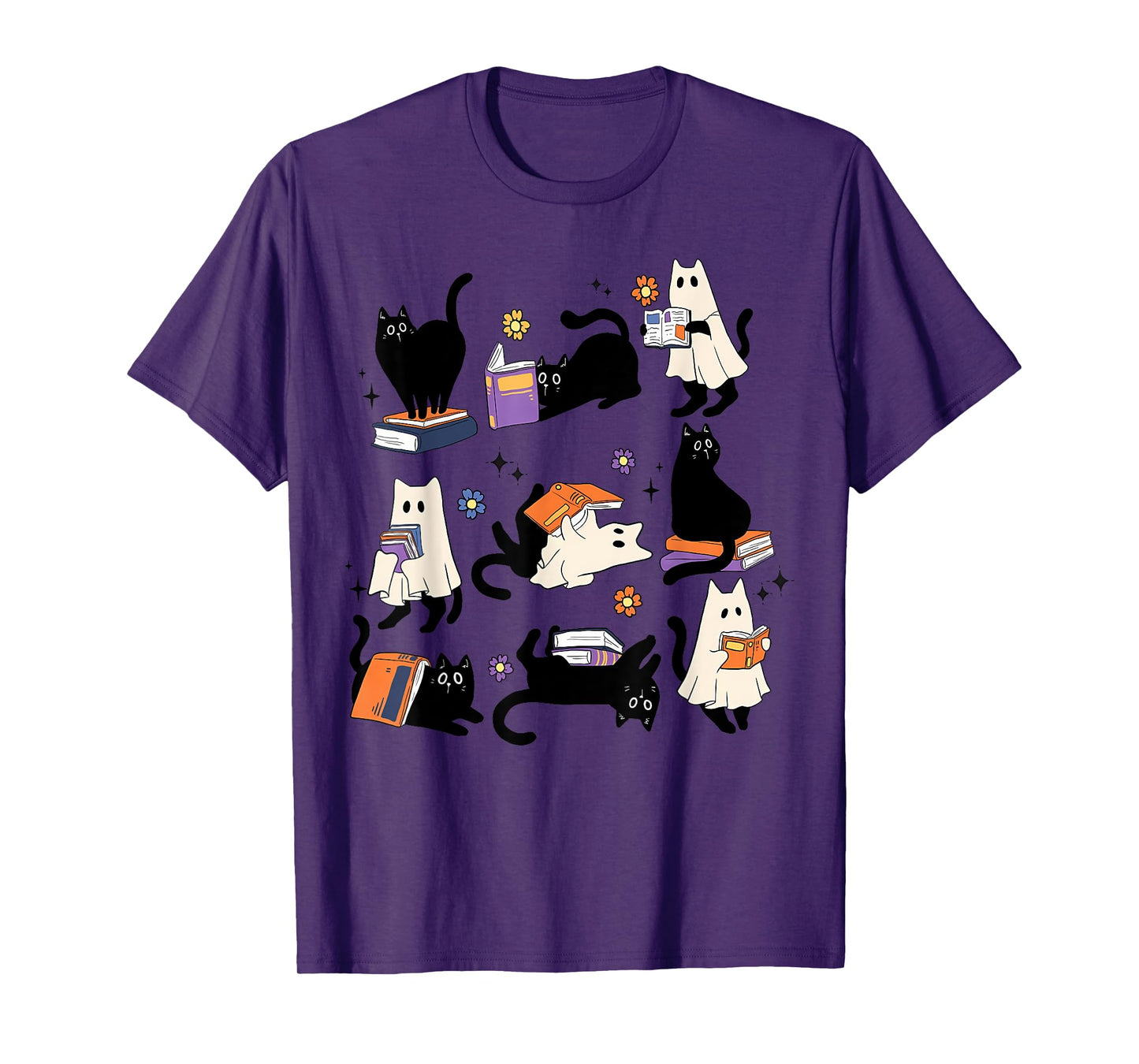 Cute Ghost Cat Reading Books Lover Bookish Halloween Spooky T-Shirt