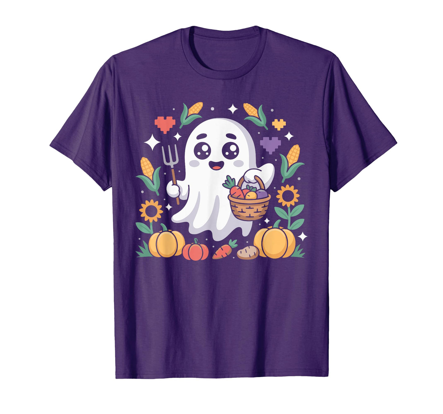 Ghost Farmer Harvesting Veggies Pumpkins Men Halloween Fun T-Shirt
