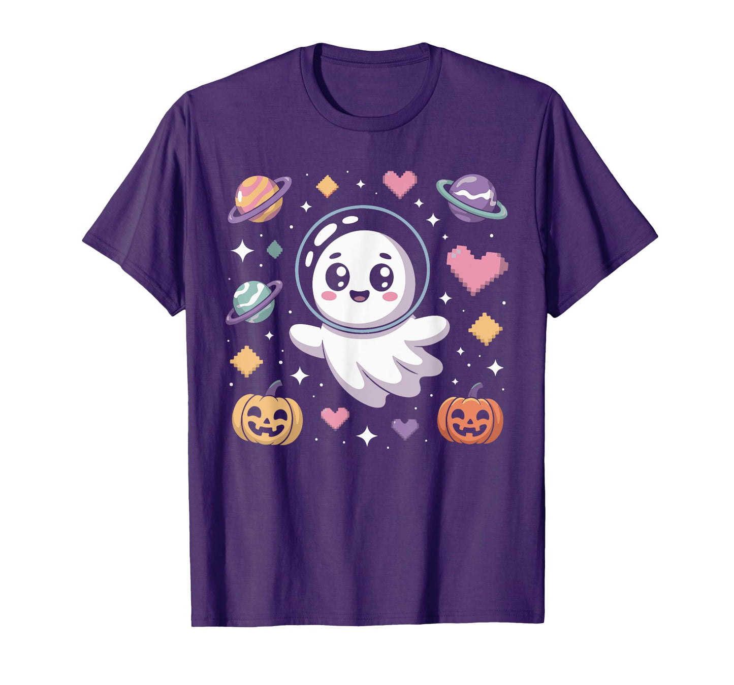 Kawaii Astronaut Ghost with Pixel Hearts and Pumpkins Boys T-Shirt