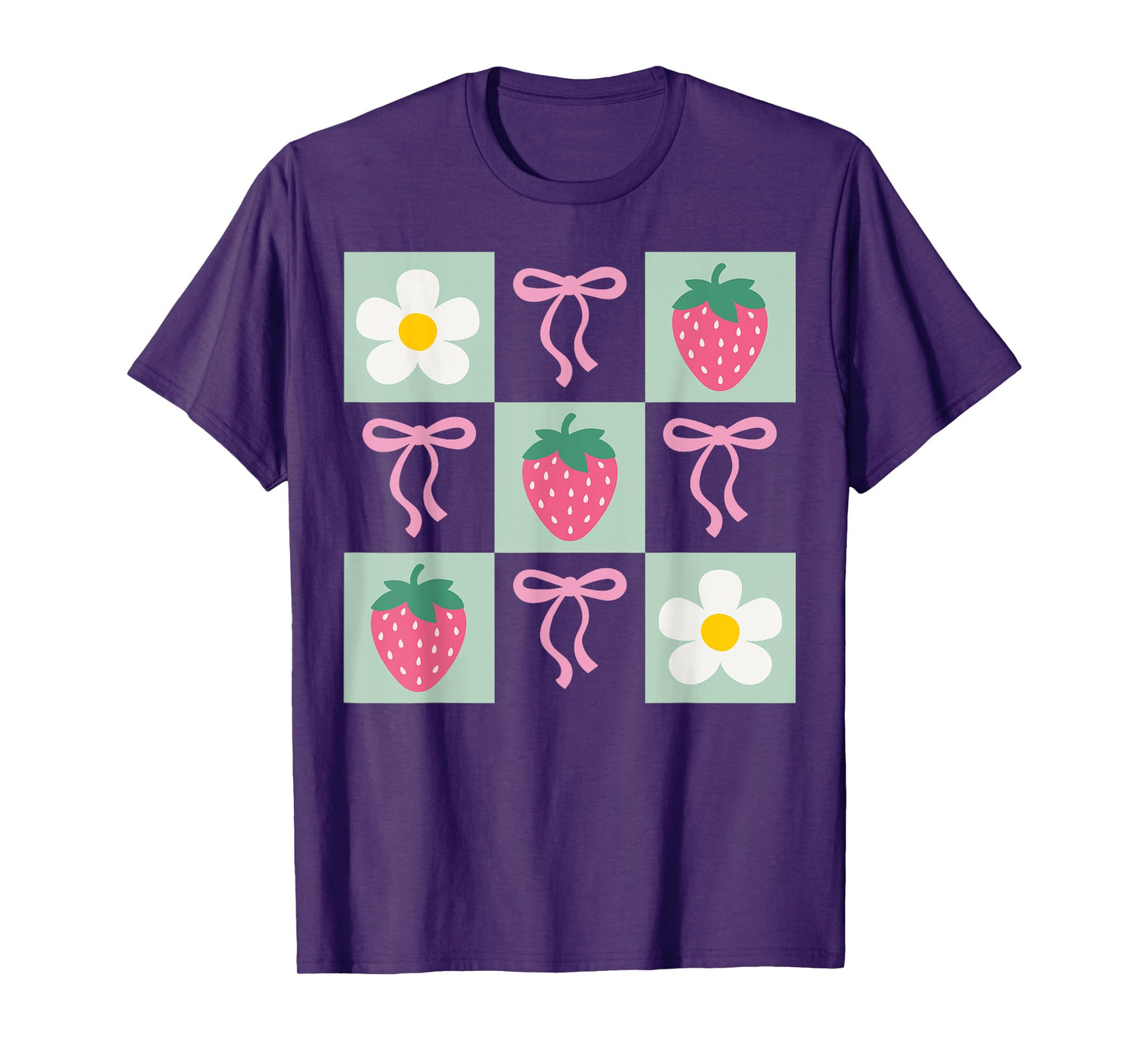 Retro Strawberry Coquette Bow Daisy Checkered Girl Aesthetic T-Shirt