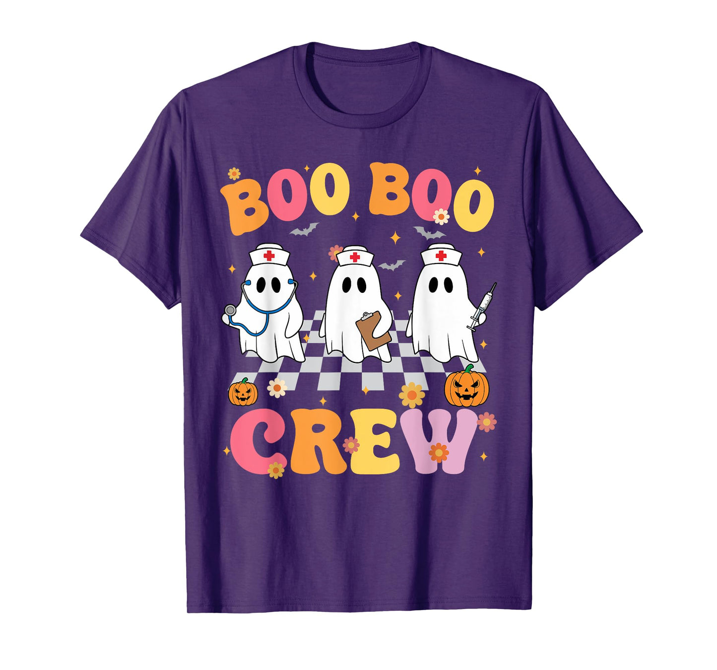 Retro Groovy Boo Boo Crew Halloween Ghost Nurse T-Shirt