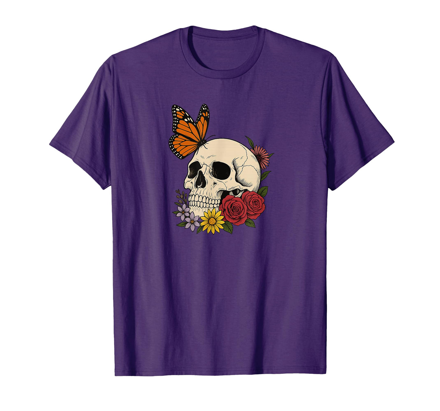 Skulls Monarch Butterfly Flowers Halloween Men Women T-Shirt