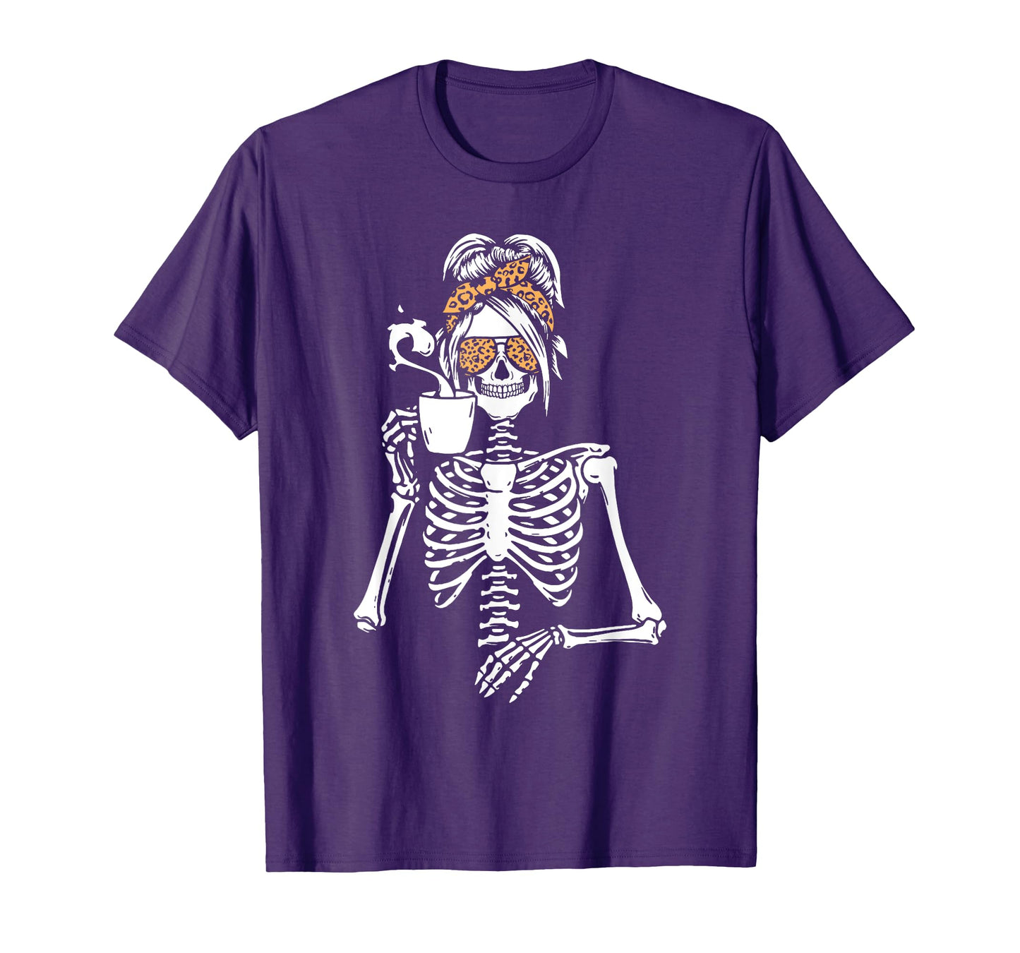 Skeleton Messy Bun Coffee Drinking Halloween Costume Women T-Shirt