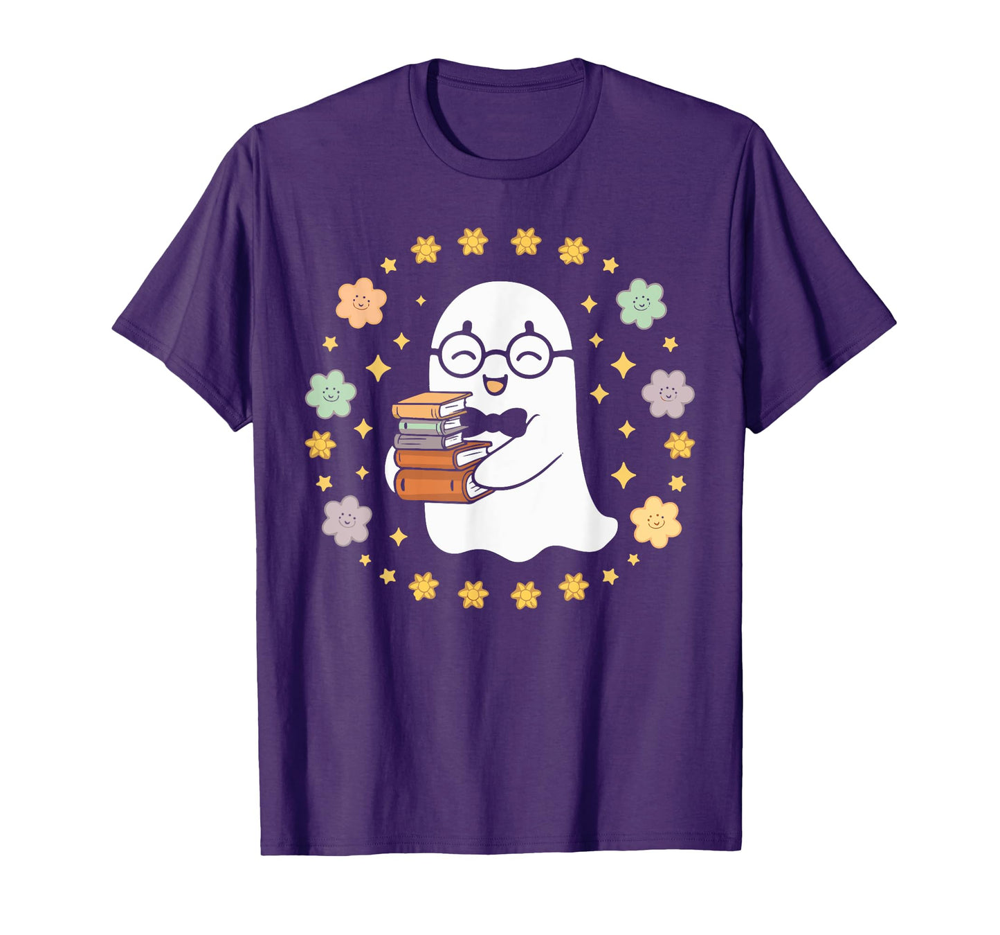 Ghost with Books Surrounded by Smiling Halloween Flowers T-Shirt
