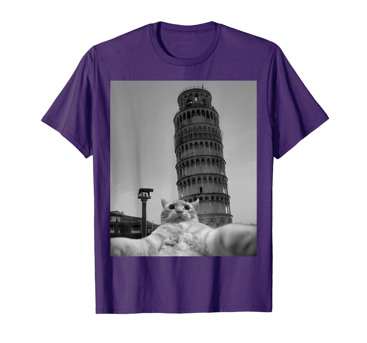 Cat Selfie Pisa Tower Italy Funny Animal Casual Outfit T-Shirt for Men Women Kids