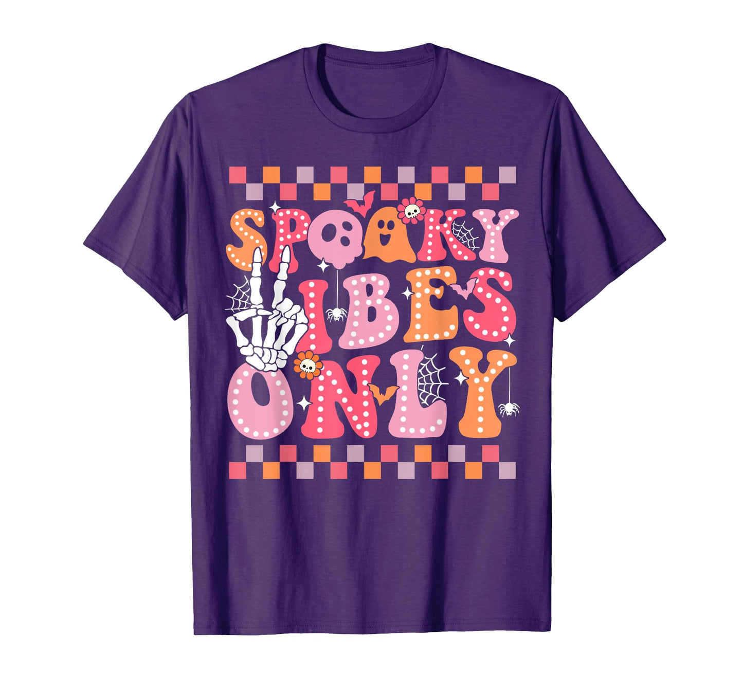 Spooky Vibes Only Halloween Skeleton Peace Checkered Groovy T-Shirt