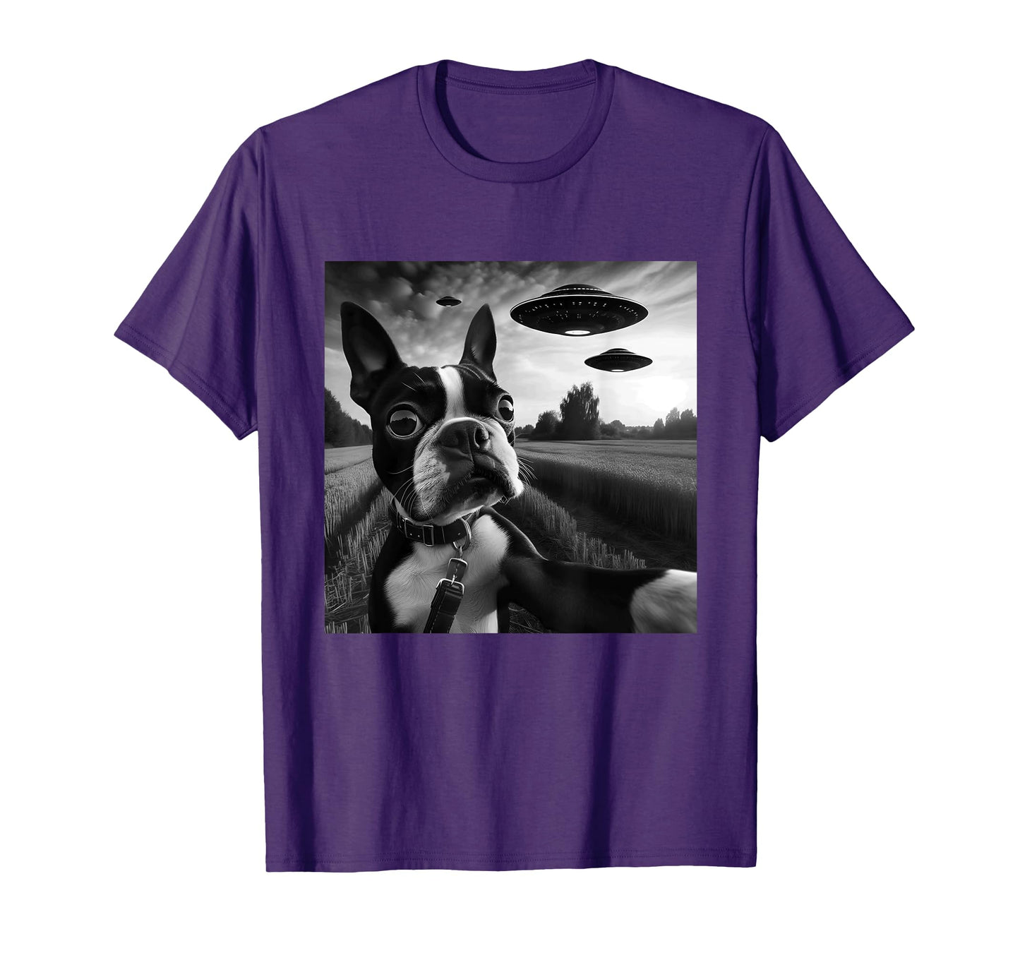 Boston Terrier Funny Graphic Selfie with UFOs Weird Aliens T-Shirt