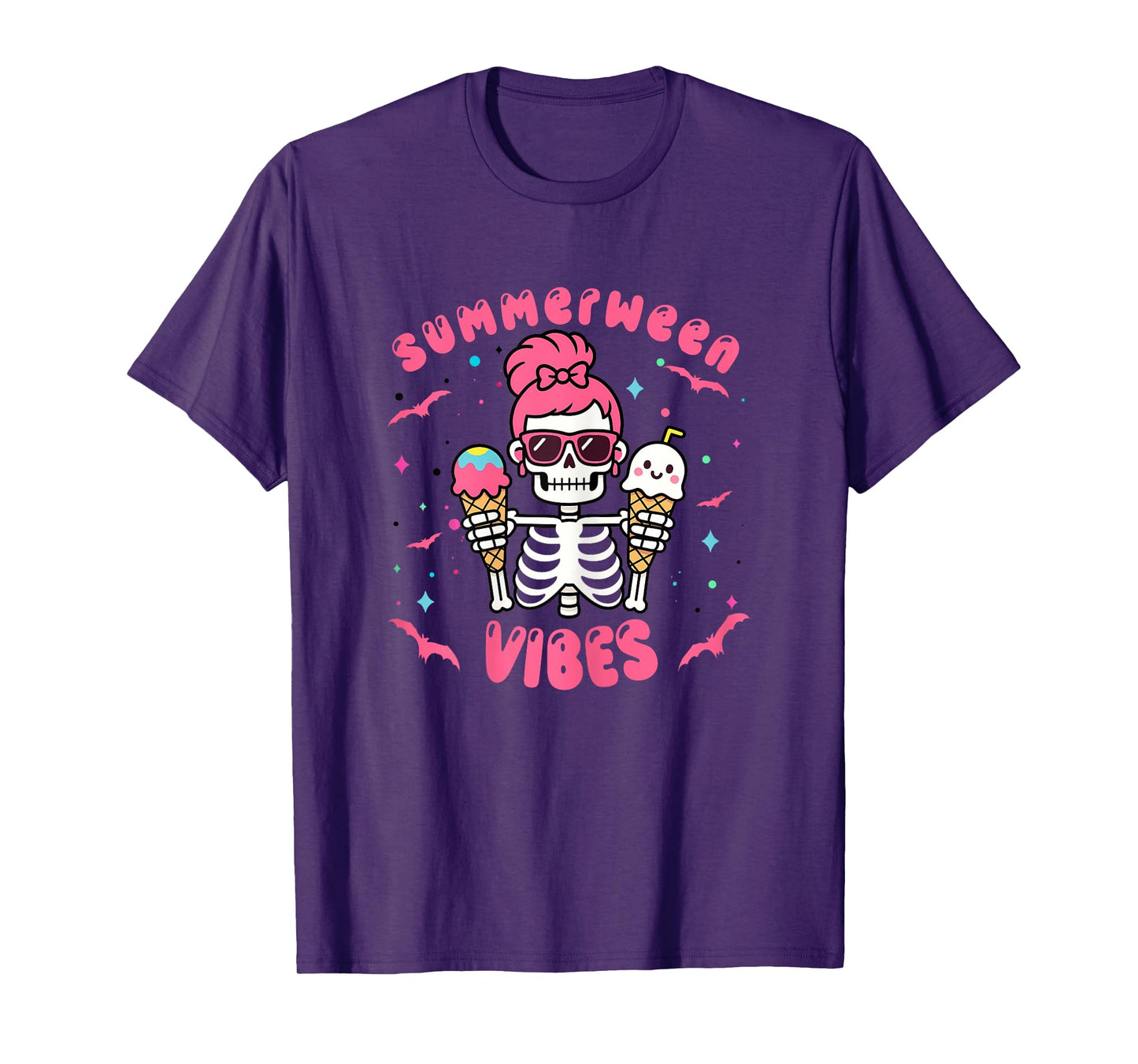 Summerween Vibes Skeletonb Halloween Summer Pink Hair T-Shirt