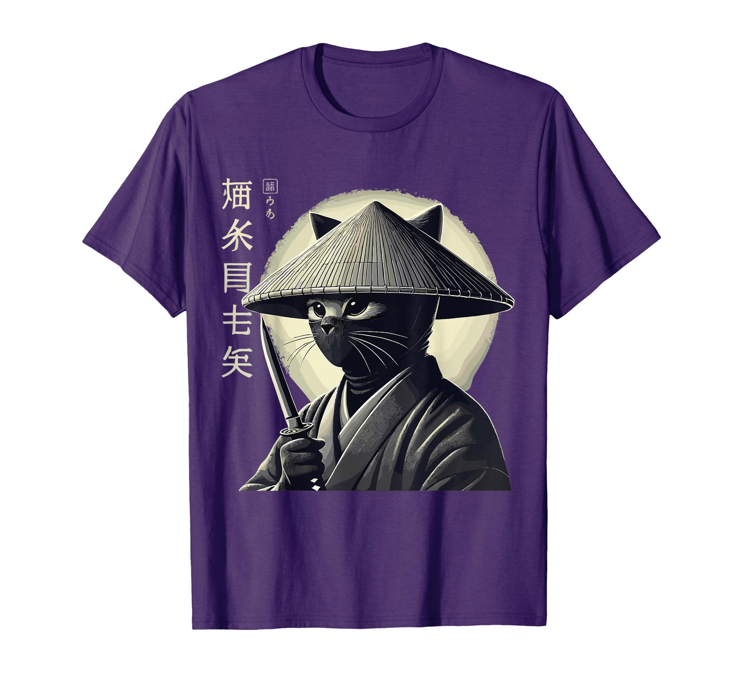 Samurai Cat Graphic Tee Warrior Vintage Japanese Art Anime T-Shirt for Men Women