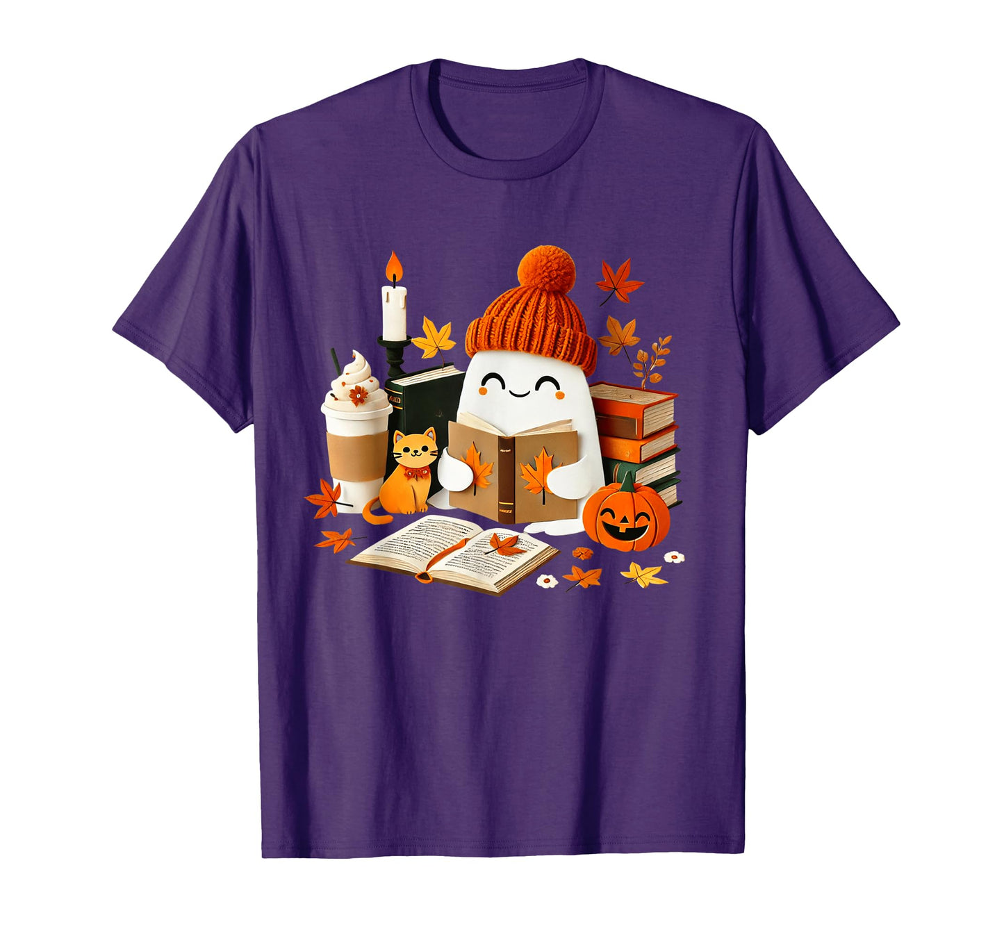 Cute Ghost Cat Reading Book Lovers Halloween Women Girls T-Shirt