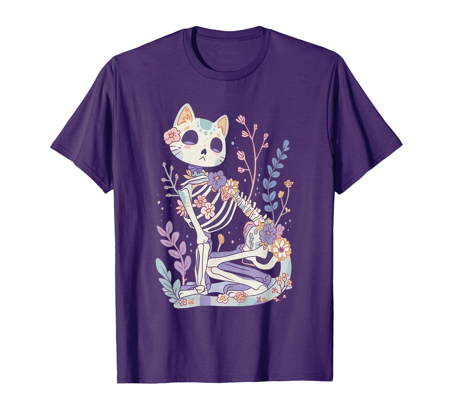 Kawaii Pastel Floral Goth Cute Creepy Cat Skeleton T-Shirt