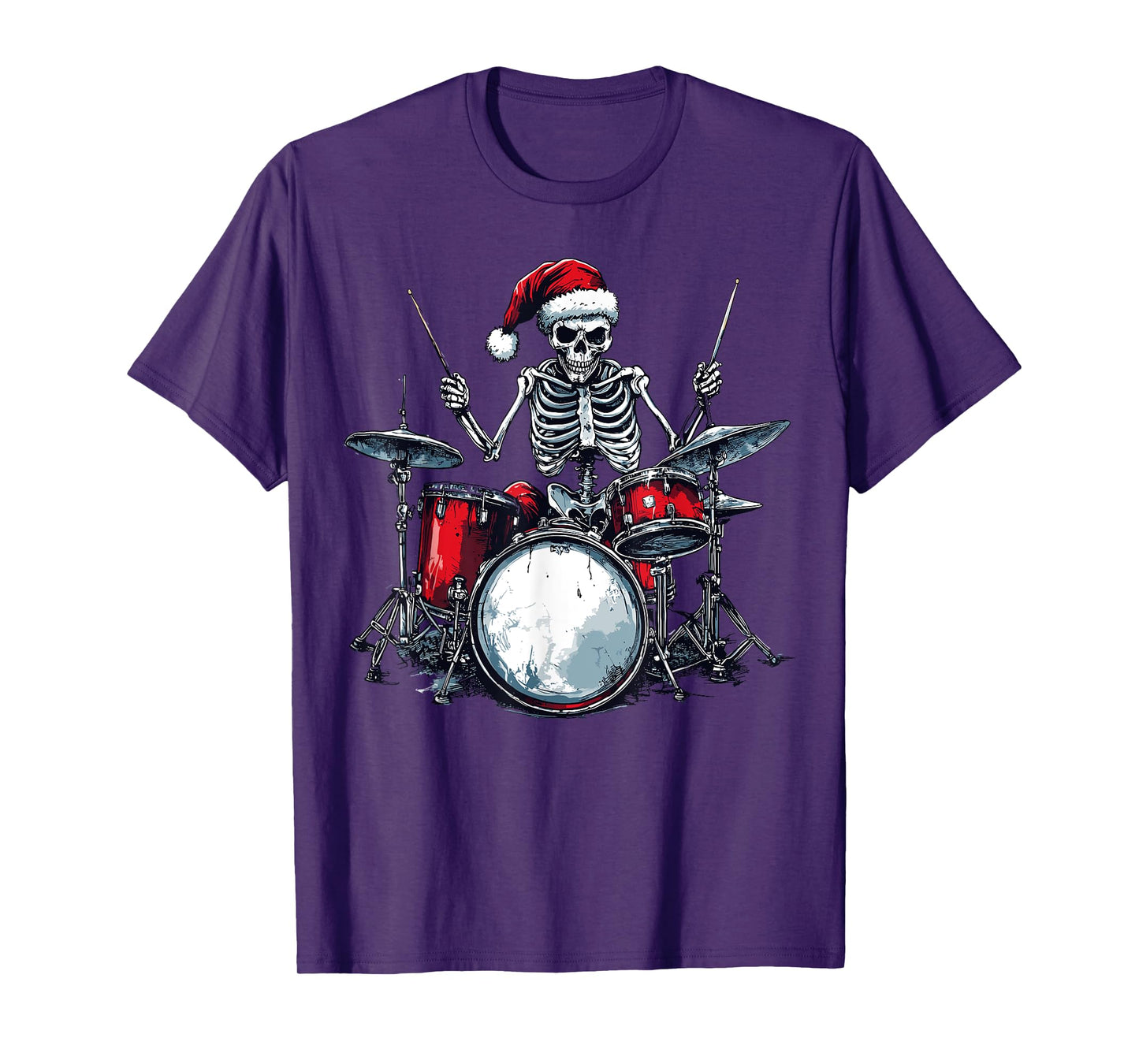 Santa Skeleton Playing Drum Percussionist Drummer Christmas T-Shirt
