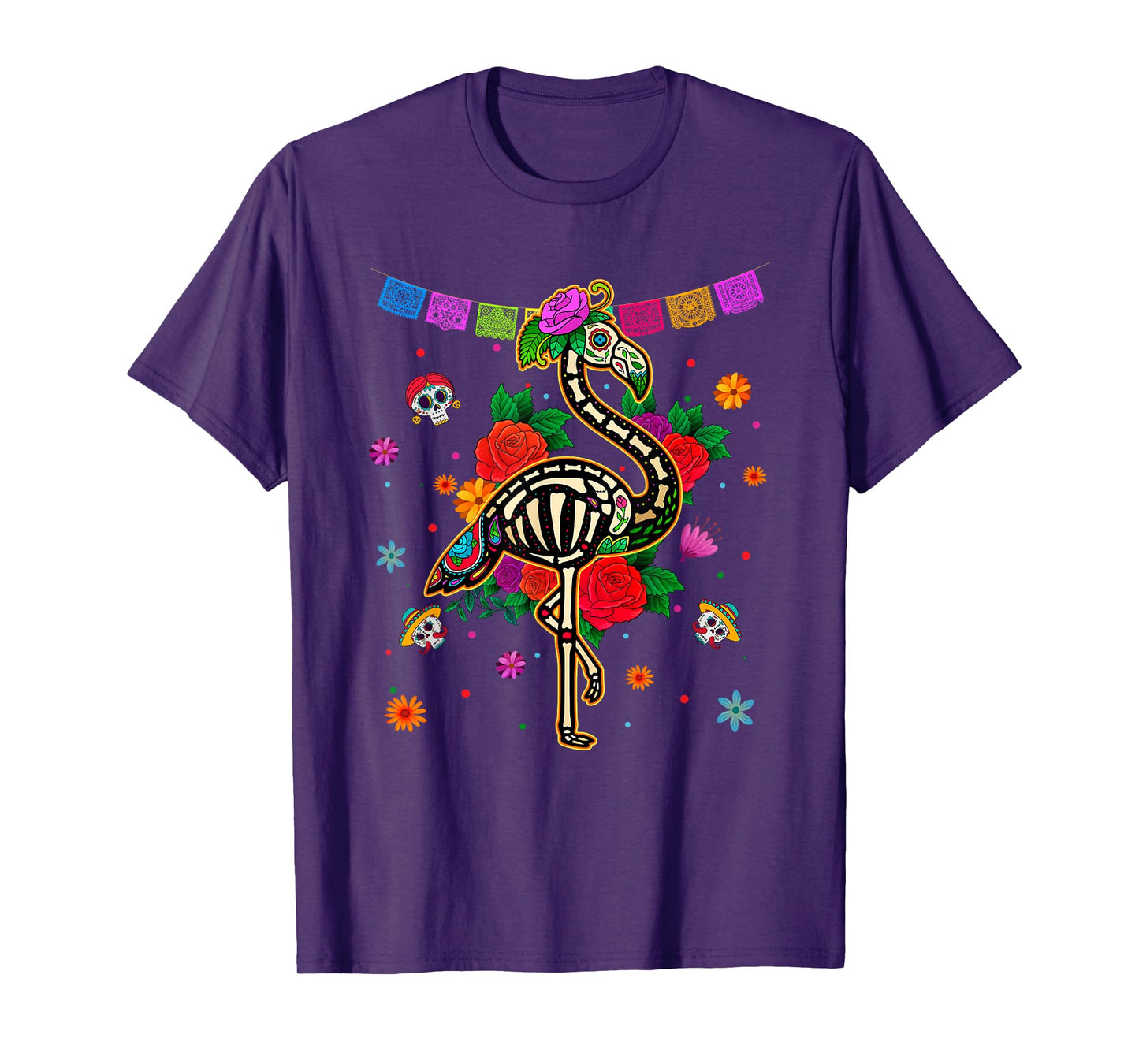 Sugar Skull Pink Flamingo Flowers Dia de Muertos Halloween T-Shirt