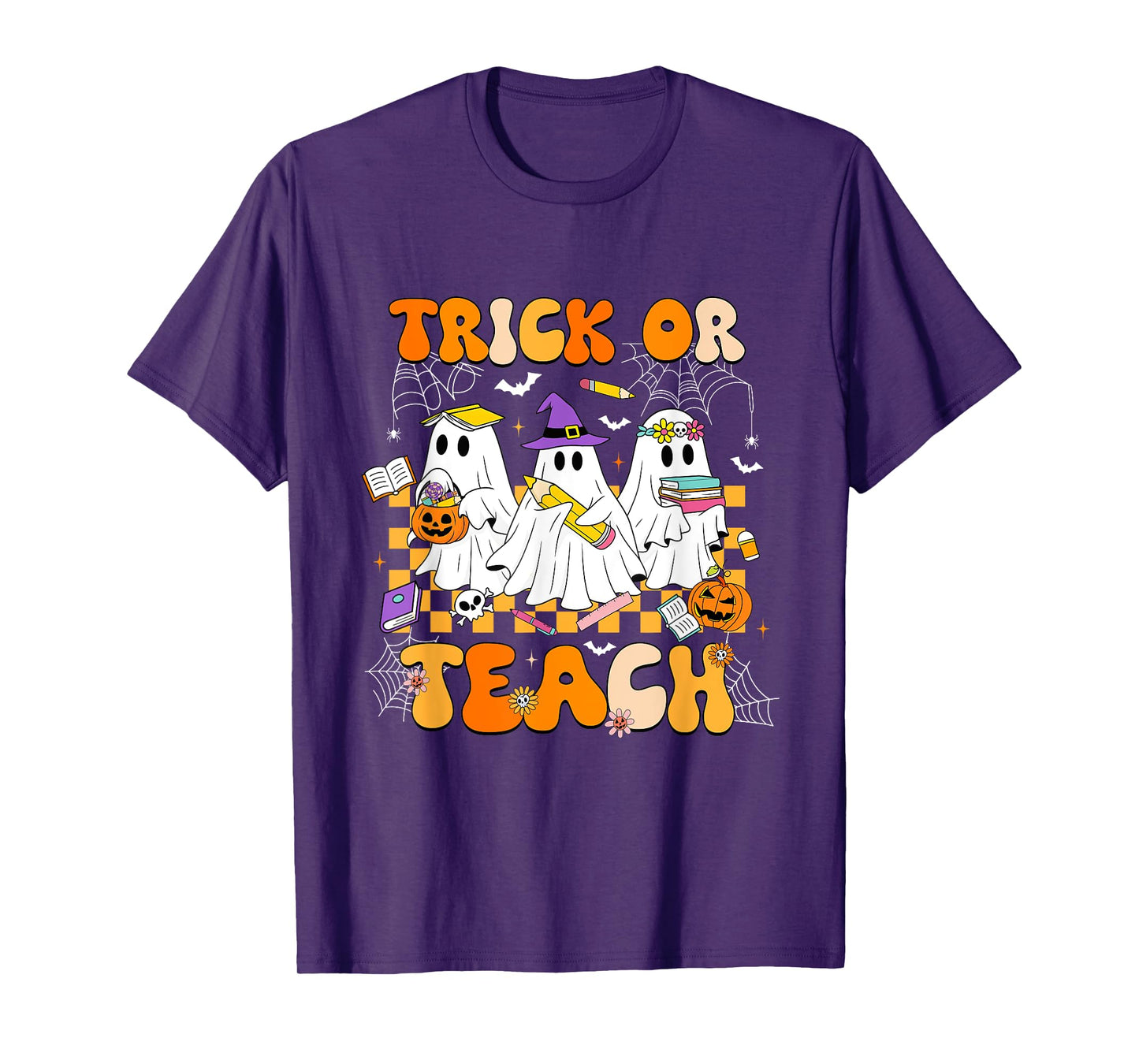 Trick Or Teach Groovy Teacher Halloween Floral Ghost Women T-Shirt