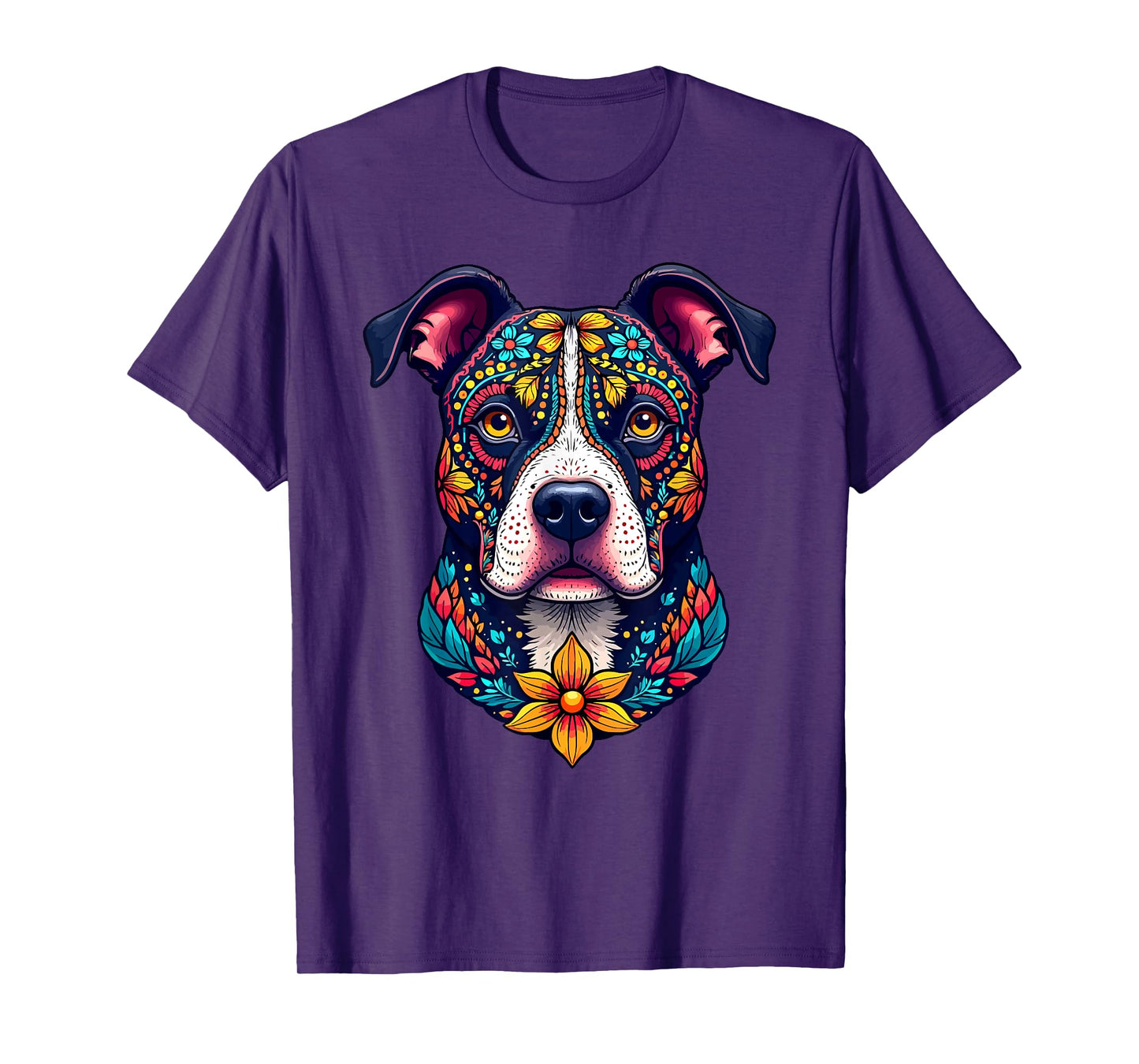 Mexican Sugar Skull Pitbull Dog Dia de Muertos Halloween Day T-Shirt