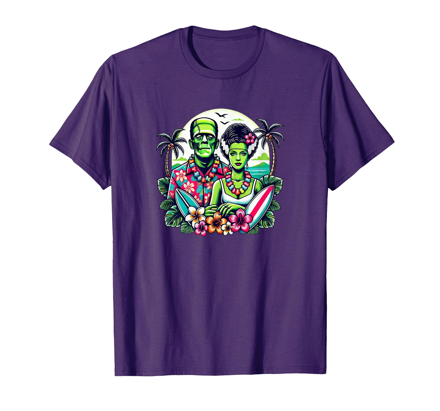 Frankenstein Monster and Bride Tropical Hawaiian Beach T-Shirt for Men Women Girls Kids