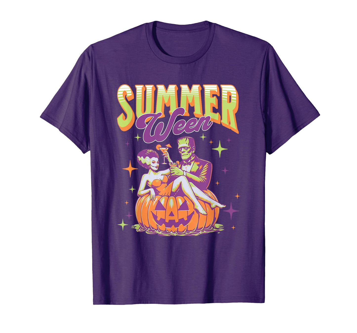 Retro Happy Summerween Funny Frankenstein Monster And Bride T-Shirt