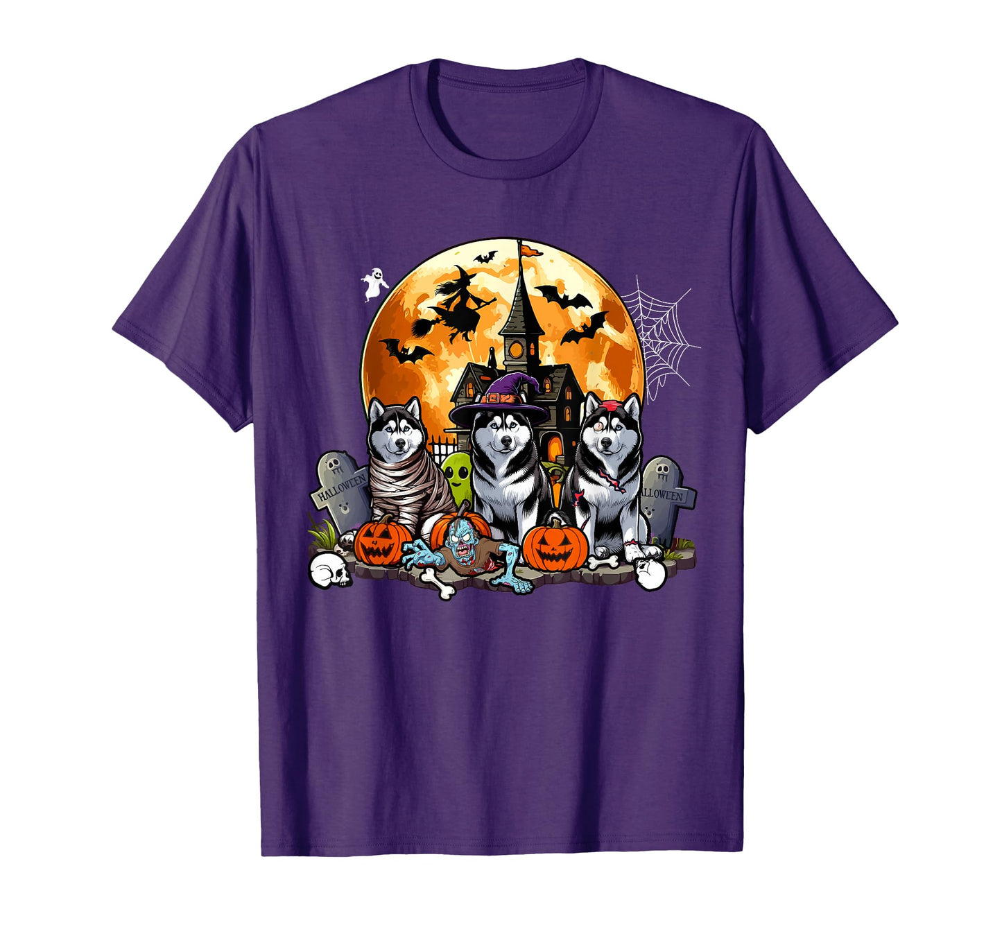 Three Halloween Huskies As Horror Witch Mummy Zombie T-Shirt