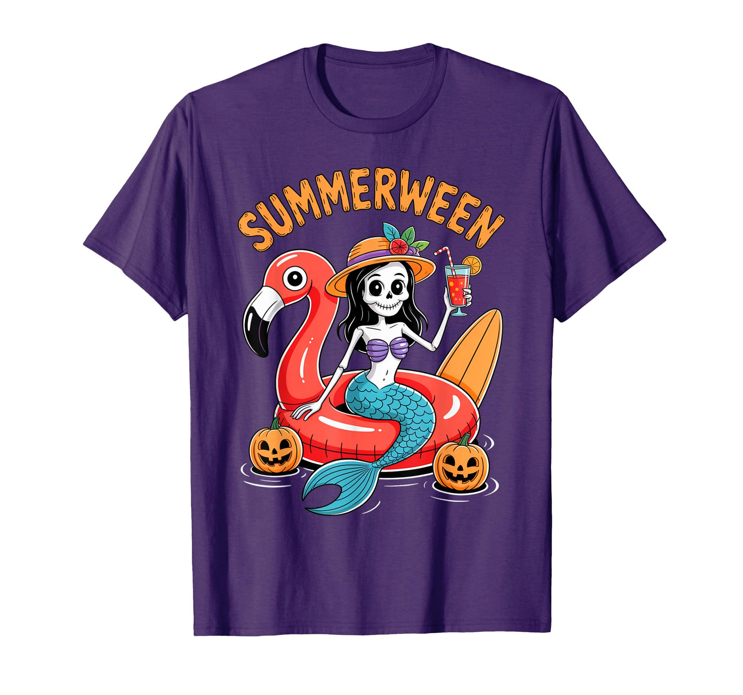 Summerween Mermaid Skeleton Beach Flamingo Halloween Girl T-Shirt