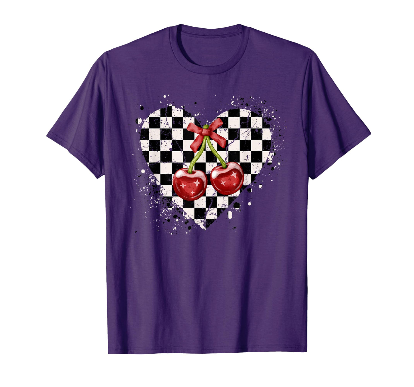 Checkered Black White Coquette Bow Red Cherries Heart Retro T-Shirt